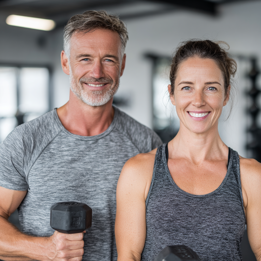 Mature man and woman in their 40s exercising together in a bright fitness studio, showing strength training with dumbbells and positive attitude towards fitness