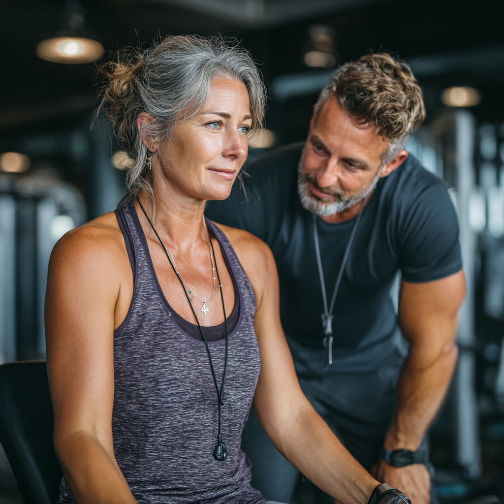 Professional fitness trainer working with mature woman in her 50s in a modern gym, demonstrating proper exercise form with supportive and encouraging interaction